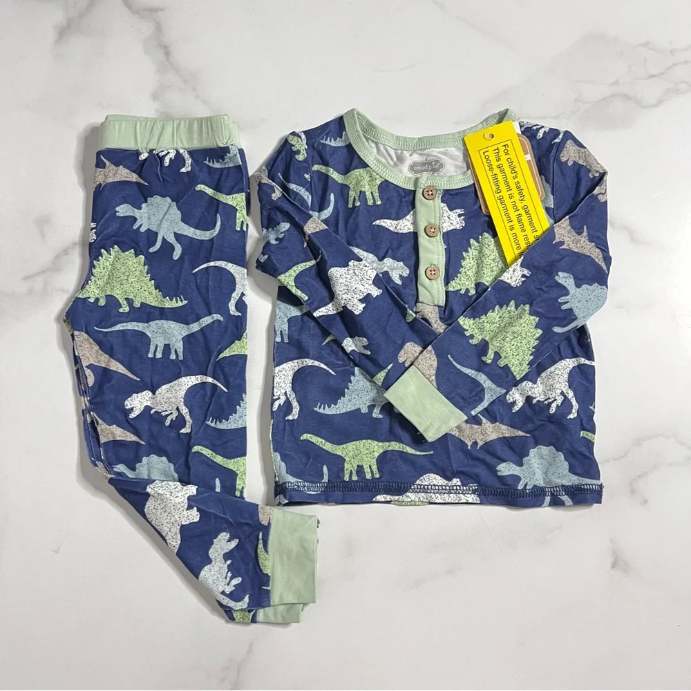 New Mudpie Baby Glow in the Dark Dino Bamboo Pajama Set 12-18 Months